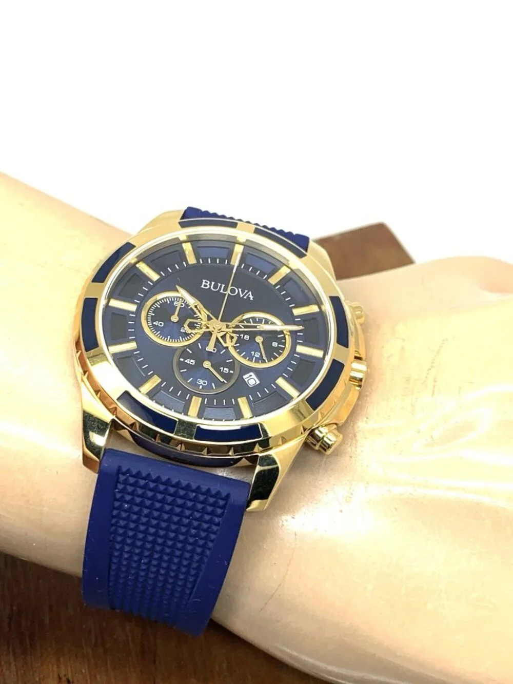 Bulova Men's Watch 97B222 Quartz Chronograph Gold Blue Dial Rubber Strap 44mm